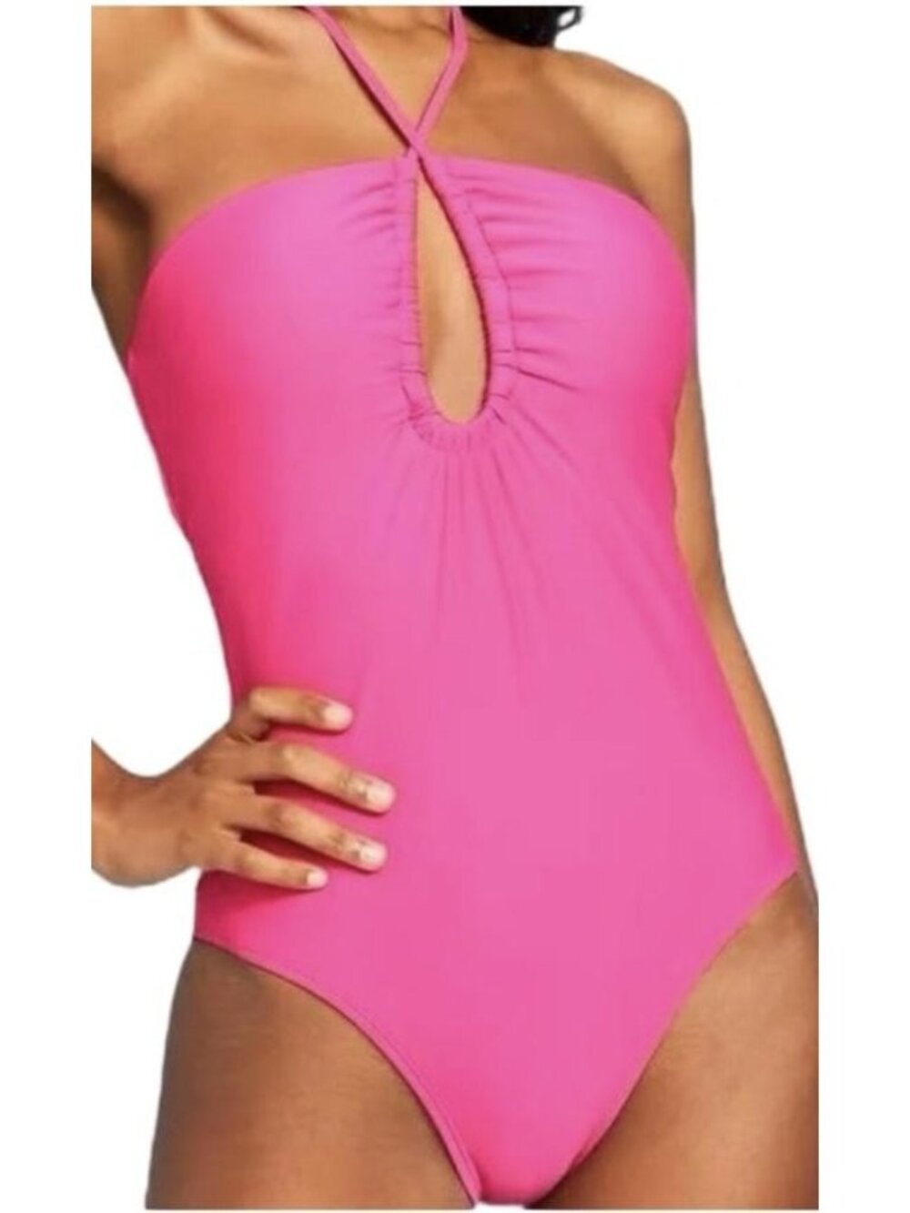 No Boundaries Deep V One Piece Halter Swimsuit Womens L Hot Pink Ruched Cutout